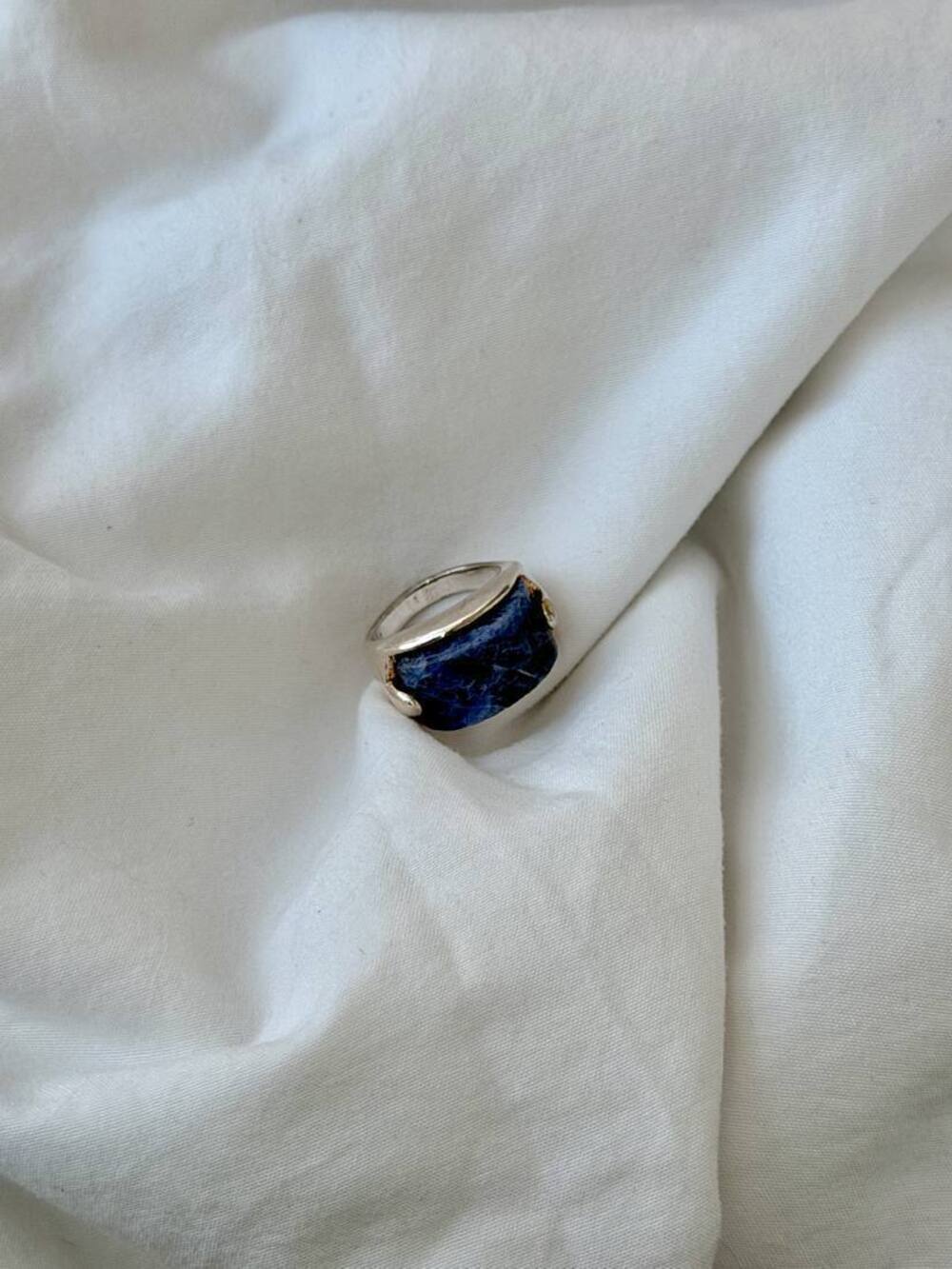 Faceted Embracing Rectangle Ring - Silver Plated - Sodalite - Ring Size 6